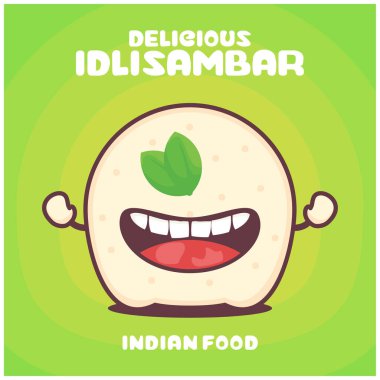 Idli sambar çizgi filmi. Hint yemeği vektör illüstrasyonu. Komik bir ifadeyle.