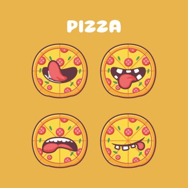 Pizza çizgi filmi. Fast food vektör çizimi. Farklı ağız ifadeleriyle. Sevimli çizgi film