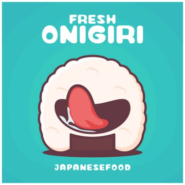 Onigiri çizgi filmi. Japon pilav vektör illüstrasyonu. Komik bir ifadeyle.
