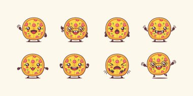 Pizza çizgi filmi. Fast food vektör çizimi. Yüzleri ve ifadeleri farklı. Sevimli çizgi film