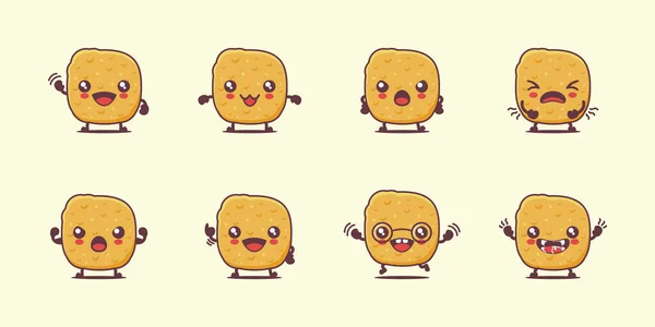 Chicken Nuggets Karikatur Lebensmittelvektorillustration Mit Unterschiedlichen Gesichtern Und Ausdrücken Netter — Stockvektor