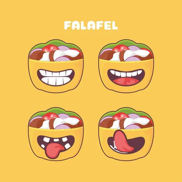 Falafel çizgi filmi. Orta Doğu sandviç vektör illüstrasyonu. Farklı ağız ifadeleriyle. Sevimli çizgi film