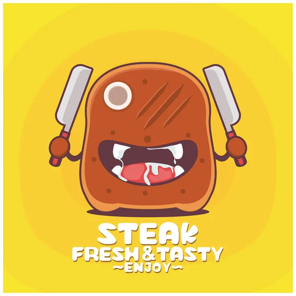 Steak Cartoon Fast Food Vector Illustration Funny Mouth Expression — Stockvektor