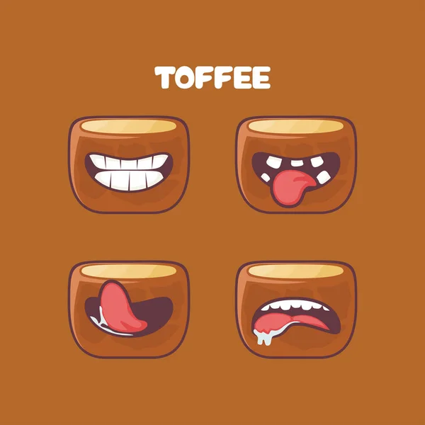 Kreskówka Toffee Ilustracja Wektora Słodkiej Żywności Różnymi Wyrazami Ust Słodkie — Wektor stockowy