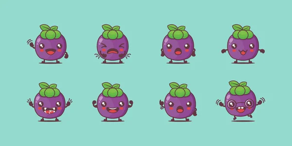 Mangosteen Cartoon Fruits Vector Illustration Different Faces Expressions Cute Cartoon — Image vectorielle