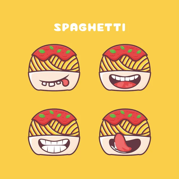 Spaghetti Cartoon Italian Pasta Vector Illustration Different Mouth Expressions Cute — Stockvektor