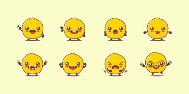 limon çizgi filmi. Doğal meyve vektörü çizimi. Yüzleri ve ifadeleri farklı. Sevimli çizgi film