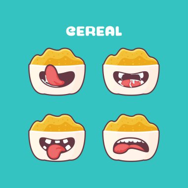 Mısır gevreği çizgi filmi. Kahvaltı vektörü çizimi. Farklı ağız ifadeleriyle. Sevimli çizgi film
