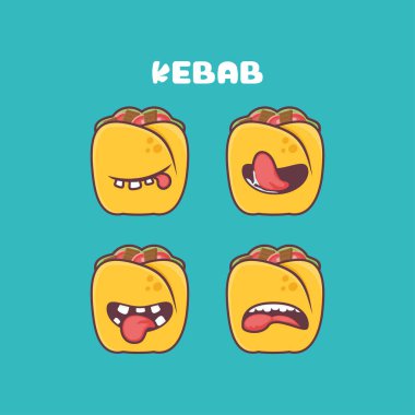 Kebap çizgi filmi. Yemek vektör çizimi. Farklı ağız ifadeleriyle. Sevimli çizgi film
