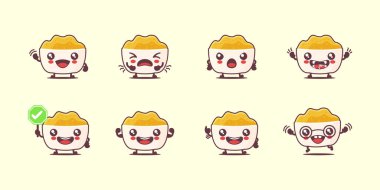 Mısır gevreği çizgi filmi. Kahvaltı vektörü çizimi. Yüzleri ve ifadeleri farklı. Sevimli çizgi film