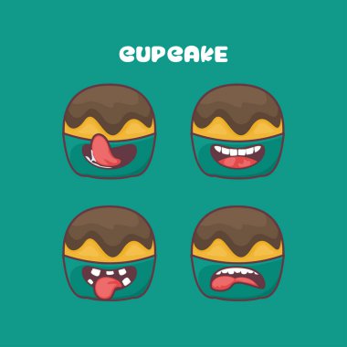 Fincan kek çizgi filmi. Pastane seri vektör illüstrasyonu. Farklı ağız ifadeleriyle. Sevimli çizgi film