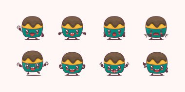 Fincan kek çizgi filmi. Pastane seri vektör illüstrasyonu. Yüzleri ve ifadeleri farklı. Sevimli çizgi film