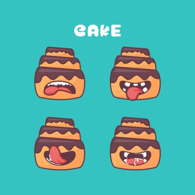 Pasta çizgi filmi. Pastane seri vektör illüstrasyonu. Farklı ağız ifadeleriyle. Sevimli çizgi film