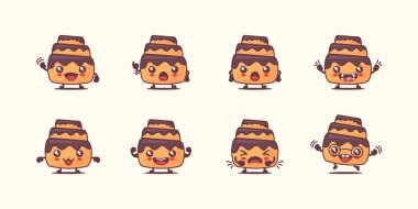 Pasta çizgi filmi. Pastane seri vektör illüstrasyonu. Yüzleri ve ifadeleri farklı. Sevimli çizgi film