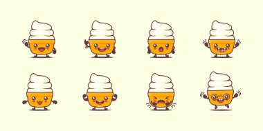 Dondurma çizgi filmi. Yaz içeceği serisi vektör illüstrasyonu. Yüzleri ve ifadeleri farklı. Sevimli çizgi film