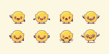 Yumurtalı tart çizgi filmi. Yemek vektör çizimi. Yüzleri ve ifadeleri farklı. Sevimli çizgi film