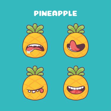 Ananas çizgi filmi. Yaz meyvesi illüstrasyonu. Farklı ağız ifadeleriyle. Sevimli çizgi film
