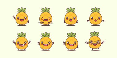 Ananas çizgi filmi. Yaz meyvesi illüstrasyonu. Yüzleri ve ifadeleri farklı. Sevimli çizgi film