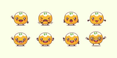 Laddoo çizgi filmi. Geleneksel Hint yemeklerinin vektör çizimi. Yüzleri ve ifadeleri farklı. Sevimli çizgi film