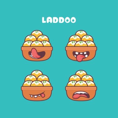 Laddoo çizgi filmi. Geleneksel Hint yemeklerinin vektör çizimi. Farklı ağız ifadeleriyle. Sevimli çizgi film