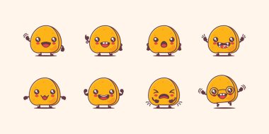 Samosa çizgi filmi. Asya 'daki geleneksel Hint yemeklerinin veya ünlü yiyeceklerin vektör çizimi. Yüzleri ve ifadeleri farklı. Sevimli çizgi film