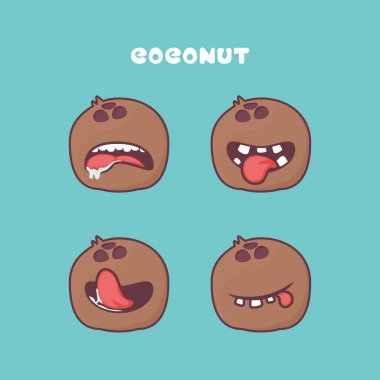 Hindistan cevizi çizgi filmi. Taze meyve vektörü çizimi. Farklı ağız ifadeleriyle. Sevimli çizgi film