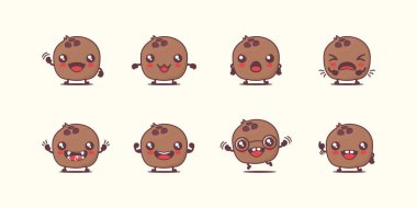 Hindistan cevizi çizgi filmi. Taze meyve vektörü çizimi. Yüzleri ve ifadeleri farklı. Sevimli çizgi film