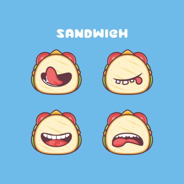 Sandviç çizgi filmi. Yemek vektör çizimi. Farklı ağız ifadeleriyle. Sevimli çizgi film
