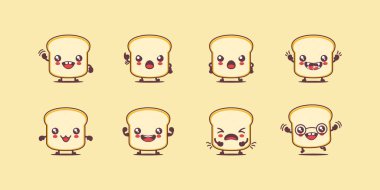 Beyaz ekmek çizgi filmi. Yemek vektör çizimi. Yüzleri ve ifadeleri farklı. Sevimli çizgi film