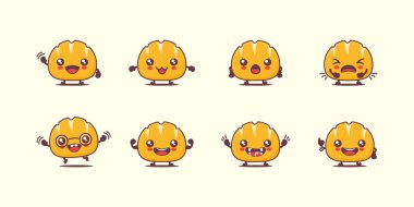 Ekmek çizgi filmi. Yemek vektör çizimi. Yüzleri ve ifadeleri farklı. Sevimli çizgi film