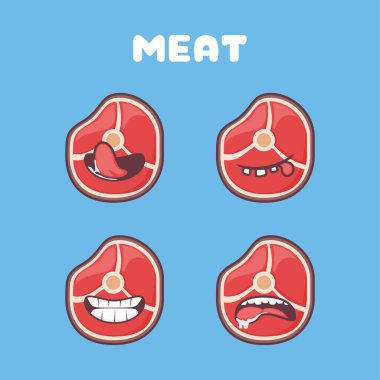 Et çizgi filmi. Taze et vektör çizimi. Farklı ağız ifadeleriyle. Sevimli çizgi film