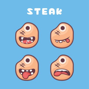 Biftek çizgi filmi. Izgara et vektör illüstrasyonu. Farklı ağız ifadeleriyle. Sevimli çizgi film