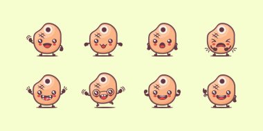 Biftek çizgi filmi. Izgara et vektör illüstrasyonu. Yüzleri ve ifadeleri farklı. Sevimli çizgi film