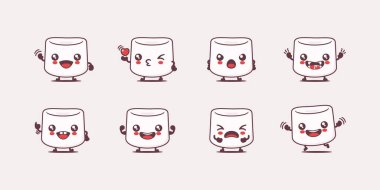 Şekerleme çizgi filmi. Yemek vektör çizimi. Yüzleri ve ifadeleri farklı. Sevimli çizgi film