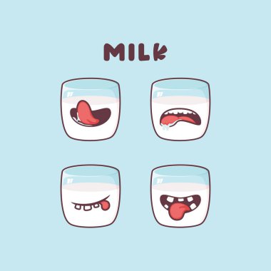 Süt çizgi filmi. Sağlıklı içecek vektör çizimi. Farklı ağız ifadeleriyle. Sevimli çizgi film