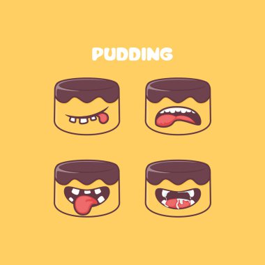 Puding çizgi filmi. Yemek vektör çizimi. Farklı ağız ifadeleriyle. Sevimli çizgi film