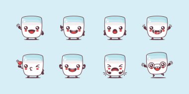 Süt çizgi filmi. Sağlıklı içecek vektör çizimi. Yüzleri ve ifadeleri farklı. Sevimli çizgi film