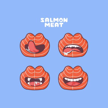 Tatlı somon eti çizgi filmi. Sashimi Japon yemek vektör illüstrasyonu. Farklı ağız ifadeleriyle. Sevimli çizgi film