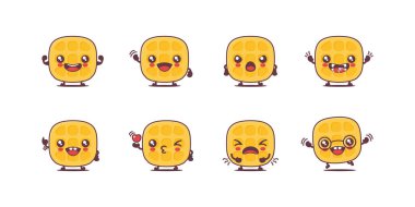 Waffle çizgi filmi. Yemek vektör çizimi. Yüzleri ve ifadeleri farklı. Sevimli çizgi film