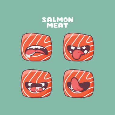 Somon eti çizgi filmi. Sashimi Japon yemek vektör illüstrasyonu. Farklı ağız ifadeleriyle. Sevimli çizgi film