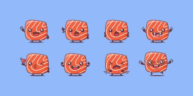 Somon eti çizgi filmi. Sashimi Japon yemek vektör illüstrasyonu. Yüzleri ve ifadeleri farklı. Sevimli çizgi film