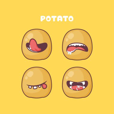Patates çizgi filmi. bitki vektör çizimi. Farklı ağız ifadeleriyle. Sevimli çizgi film