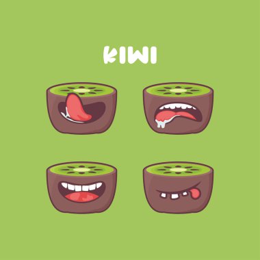 Kivi çizgi filmi. meyve vektör illüstrasyonu. Farklı ağız ifadeleriyle. Sevimli çizgi film