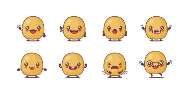 Patates çizgi filmi. bitki vektör çizimi. Yüzleri ve ifadeleri farklı. Sevimli çizgi film