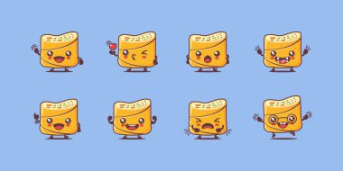 Sevimli börek karikatürü. Yemek vektör çizimi. Yüzleri ve ifadeleri farklı. Sevimli çizgi film