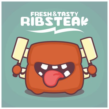 Biftek karikatürü. Yemek vektör çizimi. Komik bir ifadeyle.