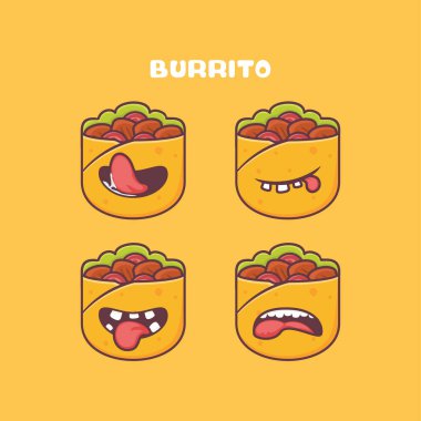 Burrito çizgi filmi. Meksika yemek vektör illüstrasyonu. Farklı ağız ifadeleriyle. Sevimli çizgi film