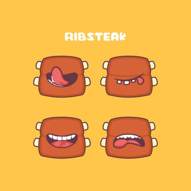 Biftek karikatürü. Yemek vektör çizimi. Farklı ağız ifadeleriyle. Sevimli çizgi film