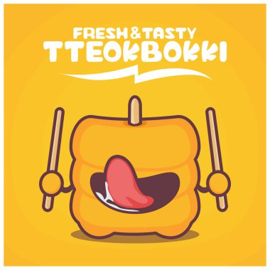 Tteokbokki çizgi filmi. Kore gıda vektör illüstrasyonu. Komik bir ifadeyle.