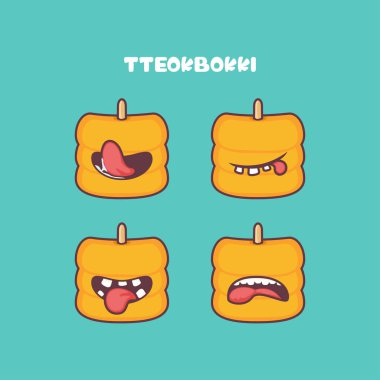 Tteokbokki çizgi filmi. Kore gıda vektör illüstrasyonu. Farklı ağız ifadeleriyle. Sevimli çizgi film